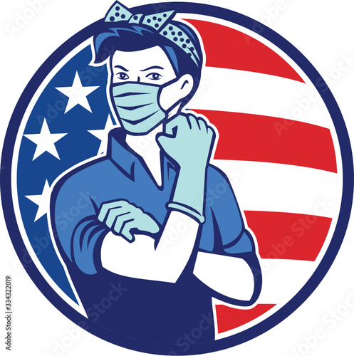 Mascot icon illustration of American Rosie the riveter as medical healthcare essential worker wearing a surgical mask and saying we can do it with USA stars and stripes flag set in circle retro style.