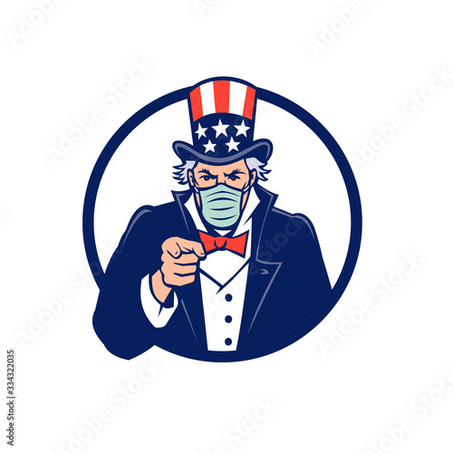 Mascot icon illustration of American Uncle Sam, national personification of the U.S. government, wearing a surgical mask, pointing at the viewer set in circle on isolated background in retro style.