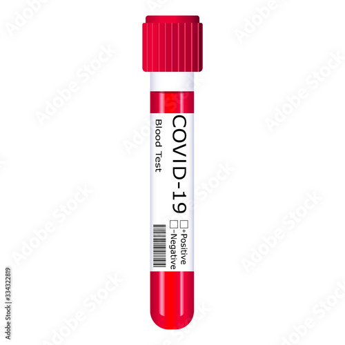 Hand holding by test tube by biochemist. Give Covid-19 is name coronavirus in test tube containing blood that tested positive. Vector illustration on blue background.