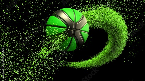 Black-Green Basketball with Green Particles. 3D CG. 3D illustration. 3D high quality rendering. © DRN Studio