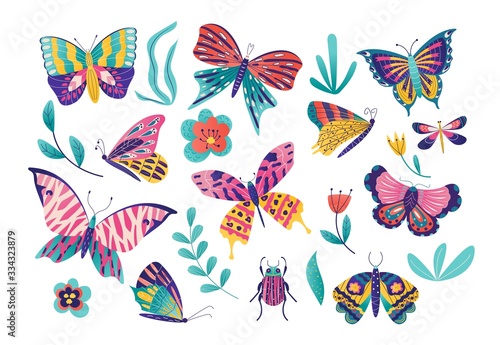 Butterfly moth insect vector illustration set. Cartoon insects collection with colorful flying butterflies group among spring grass or summer garden flower, flat beetle bug icons isolated on white