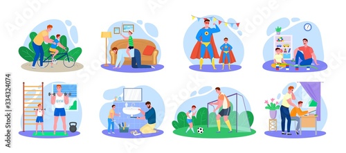 Family time, father and son vector illustration. Cartoon happy man parent characters with child have fun together, play game or sport activity. Fatherhood active love time flat icons isolated on white