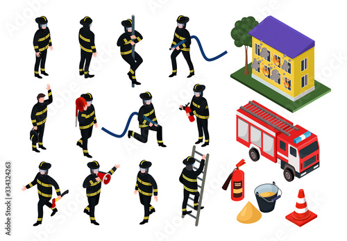 Isometric firefighter vector illustrations. Cartoon 3d people in uniform with firefighting hose equipment, fireman characters extinguish burning building, fire engine department set isolated on white