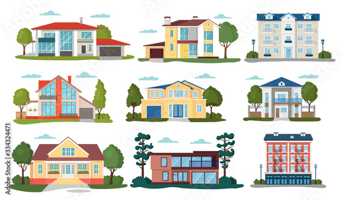 Fototapeta Naklejka Na Ścianę i Meble -  Modern house vector illustrations. Cartoon flat home apartment, facade exterior of residential building with garage, green trees. Modern cottage in town, family villa house set icons isolated on white
