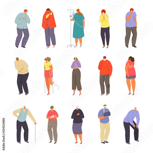 Sick people with ache, pain vector illustration. Cartoon unhappy man woman ill characters have hurt in body parts or joint, headache, catch cold. Flat bad health in people, sickness isolated on white