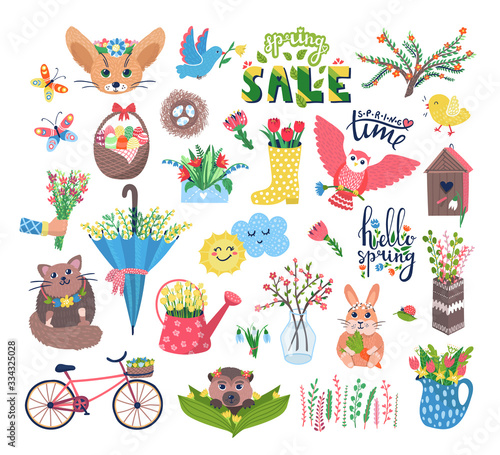 Cute spring set vector illustration. Cartoon flat blooming flowers, happy ani...