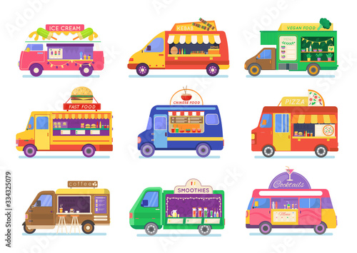 Street food truck set vector illustration. Cartoon flat van selling Chinese streetfood or pizza kebab in market, ice cream, coffee cocktail drink, vegan fastfood trucking icons isolated on white