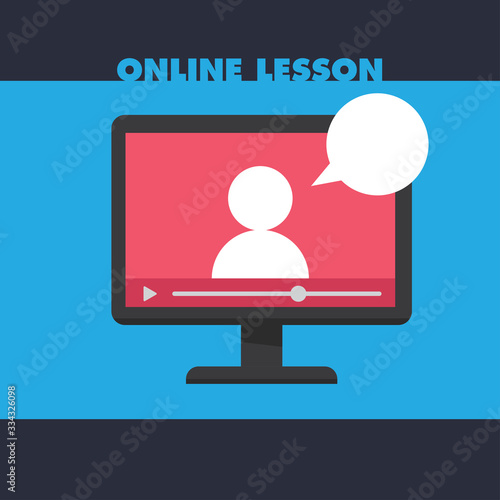 Online education vector illustration. Learning video on computer screen. E-learning and teaching at home. Stay at home campaign.