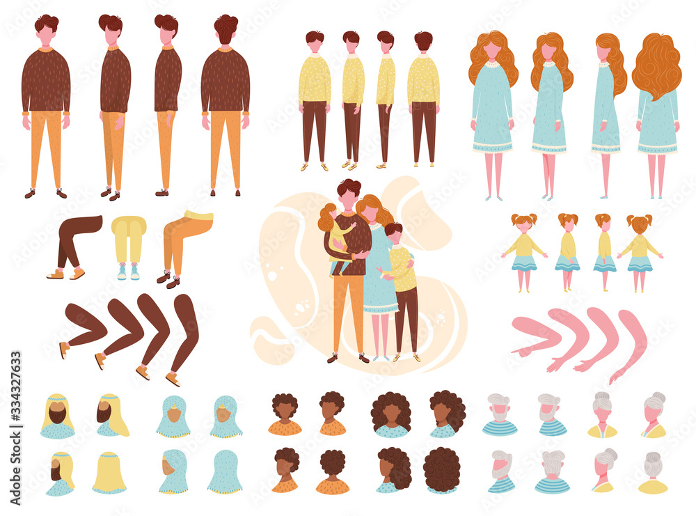 Fototapeta premium Constructor animation kit family set creation kit with parents, children and grandparents characters cartoon vector illustration. Body gesture hairstyle european people animation constructor set.