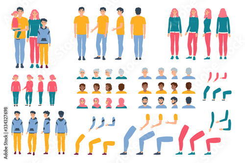 Constructor animation kit family set creation kit with parents, children and grandparents characters cartoon vector illustration. Body gesture hairstyle european people animation constructor set.