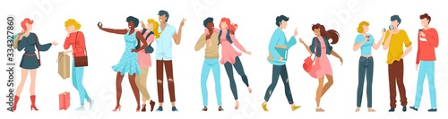 Happy friends together, group of cheerful friendly people teenagers hugging, speaking, making selphie photos isolated on white characters, vector illustration. Friendship, healthy lifestyle concept.