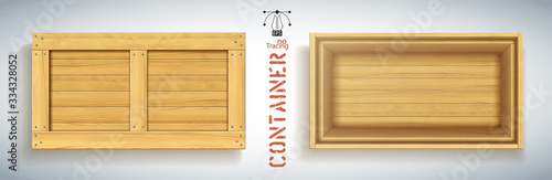Large wooden box mockup on white backdrop. Nailed pallets on top of crate. Horizontal freight crate mock up. Export shipping packaging with drop shadow. Storage object for warehouse