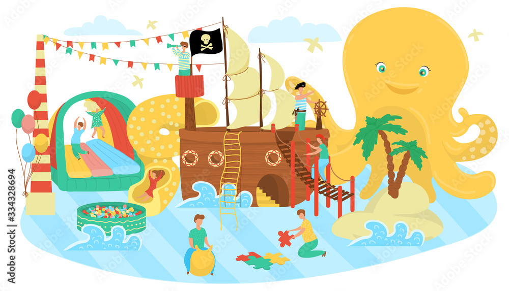 Kids zone, play area for children cartoon vector illustration. Kids zone playground with pirate ship, trampoline and climb-down for games and fun, playroom and entertainment park. Kids zone, play area for children cartoon vector illustration. Kids zone playground with pirate ship, trampoline and climb-down for games and fun, playroom and entertainment park.