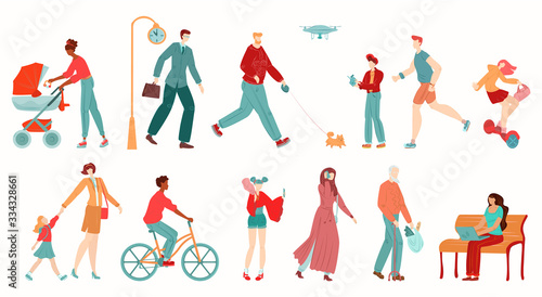 People in city, pedestrians isolated on white background cartoon vector illustration. Men and women in urban lifestyle, eldery people, mother with pram, parents and children, businessman citizens.