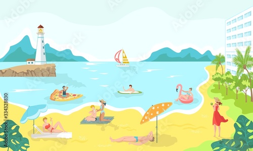 Vacationers in swimsuits at sea beach cartoon vector illustration, summertime relaxation and leisure. Beach hotel for cartoon tourists and vacation on seaside. Tropical summer travel.