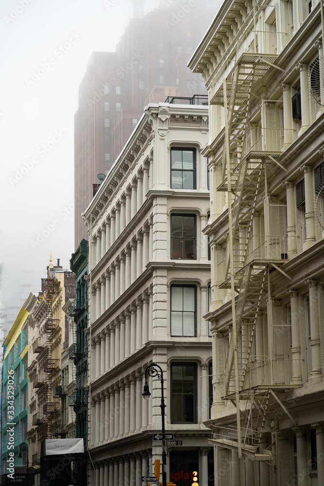 Empty New York City streets without people and closed shops during pandemic coronavirus outbreak in America. 