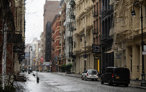 Empty New York City streets without people and closed shops during pandemic coronavirus outbreak in America.  © tanya