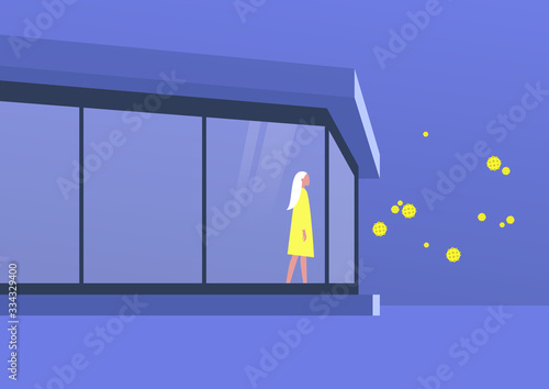 Stay home concept, young female character self isolated at home, coronavirus outbreak