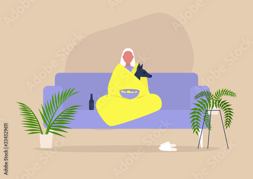 Stay home concept, social self isolation, young female character cuddling with their dog wrapped in a blanket