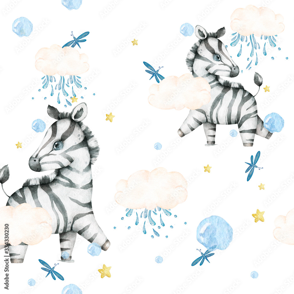 Fototapeta Hand drawn watercolor cute baby zebra walking, cartoon isolated illustration on white background