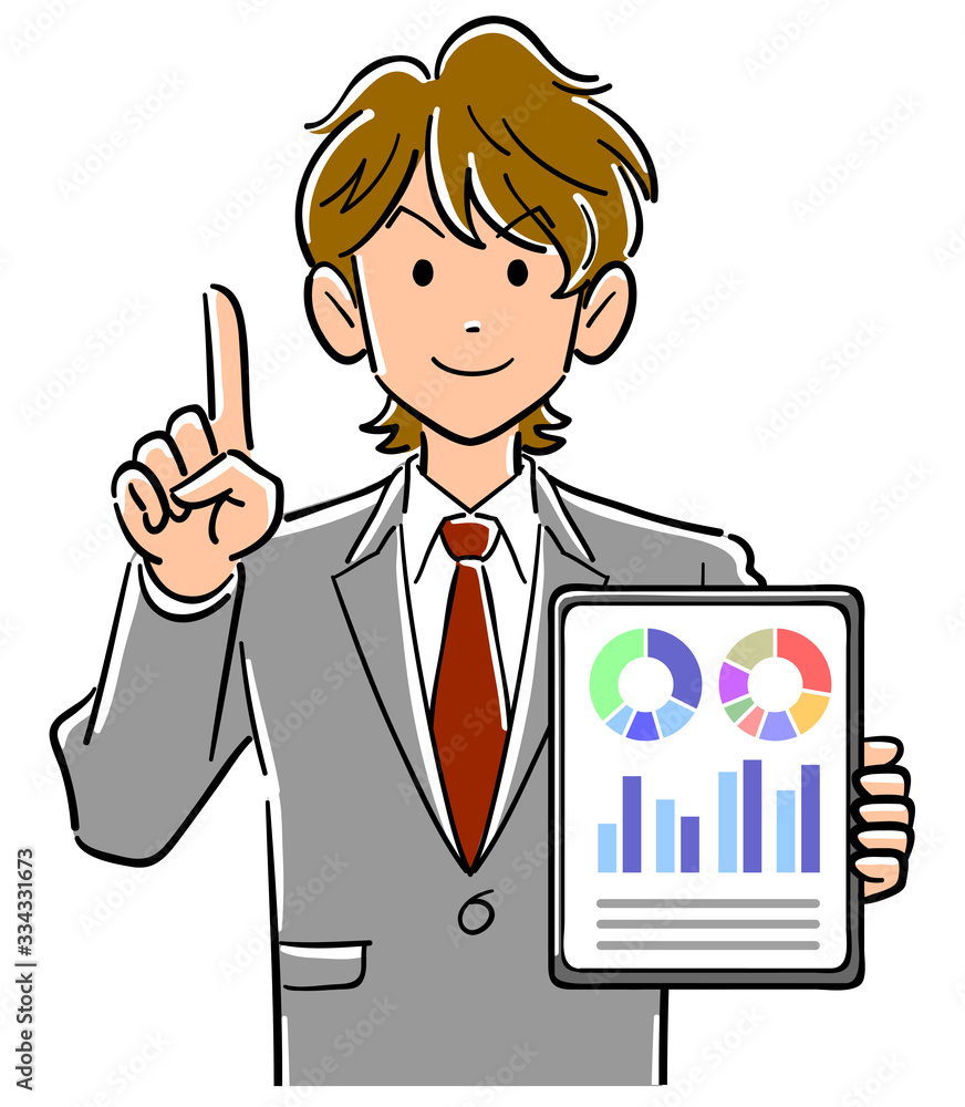 タブレットPCを持ち人差し指を立てて説明するビジネスマン
