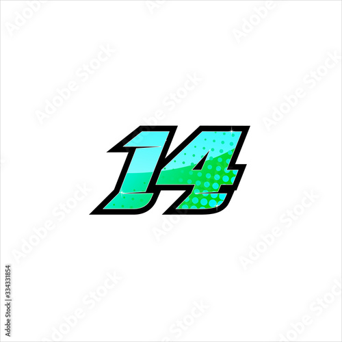 Vector Racing number 14, start racing number, sport race number with halftone dots style isolated on white background