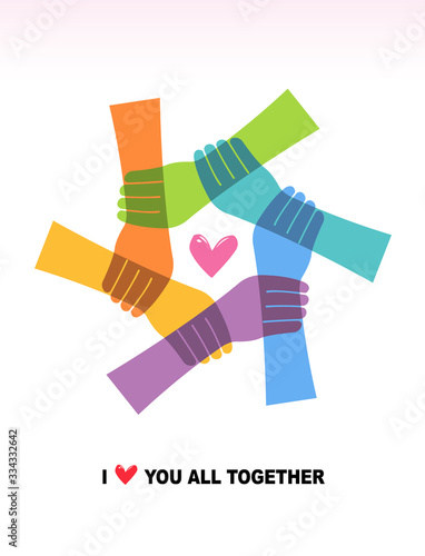 Six connected hands and a center heart. I love you all together concept