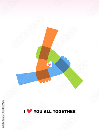 Three hands are connected, and there are hearts in the middle. I love you all together. Concept