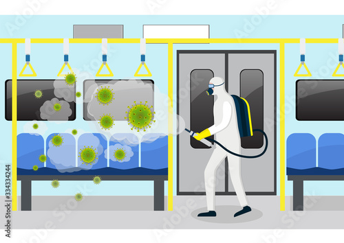 Man in protective hazmat suit are cleaning and disinfecting coronavirus in train.