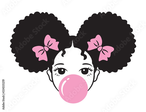 Cute girl with afro puff hair blowing bubble gum vector illustration.