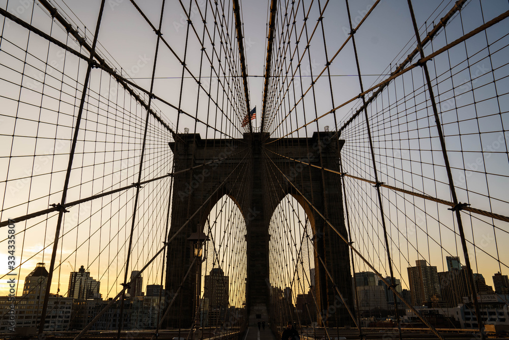 Fototapeta premium Brooklyn bridge in New York City. Brooklyn bridge details. Close up look. 