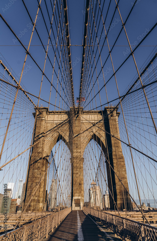 Fototapeta premium Brooklyn bridge in New York City. Brooklyn bridge details. Close up look.