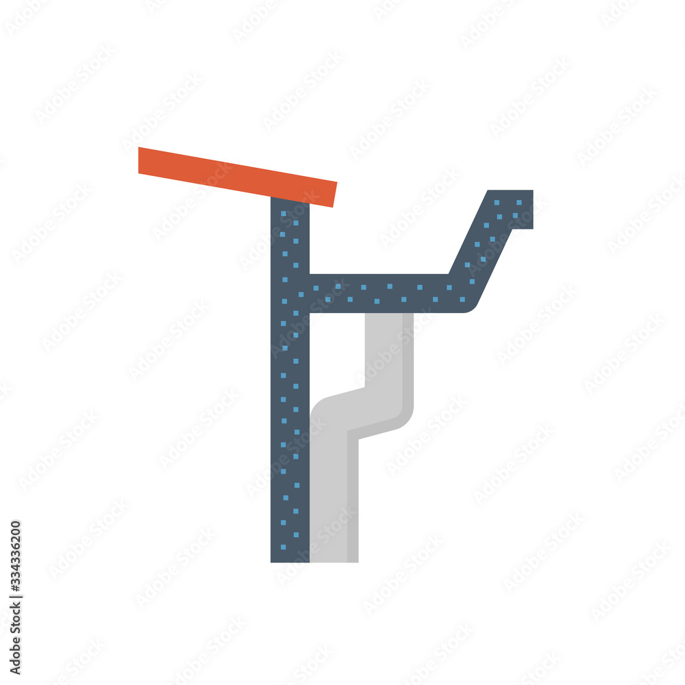 Fascia style gutter vector icon. Also call rain gutter or eavestrough. Include roof, downpipe or downspout and pipeline for water discharge and drainage system to protect building from rainwater fall. Fascia style gutter vector icon. Also call rain gutter or eavestrough. Include roof, downpipe or downspout and pipeline for water discharge and drainage system to protect building from rainwater fall.