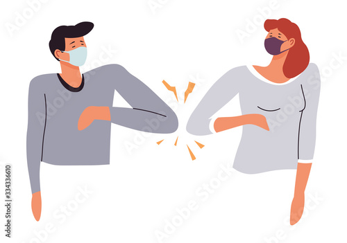 People avoiding contact greeting by bumping elbows vector