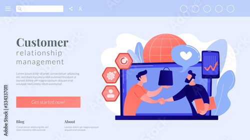 Manager shakes hands with customer, strategy for interactions with client. Customer relationship management, CRM system, CRM lead management concept. Website homepage landing web page template.
