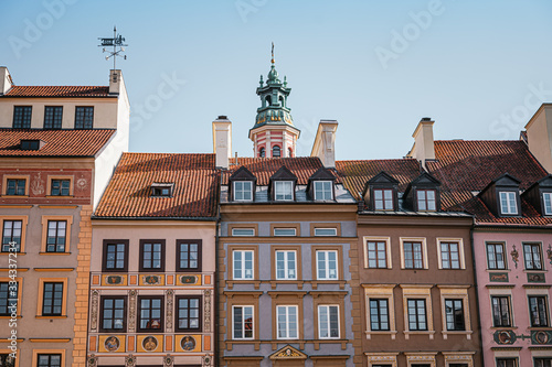 Buildings of the Old Town Square in Warsaw, Poland on a spring day.