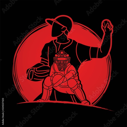 Group of Baseball players action cartoon sport graphic vector.