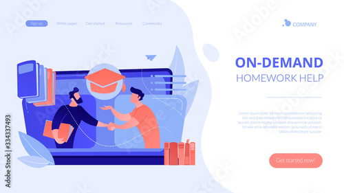 Teacher with books helping student at online lesson on laptop screen. Online tutor, on-demand homework help, english teacher online concept. Website vibrant violet landing web page template.