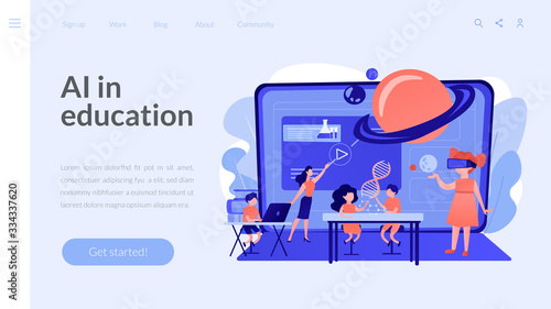 Futuristic classroom, little children study with high tech equipment. Smart spaces at school, AI in education, learning management system concept. Website homepage landing web page template.