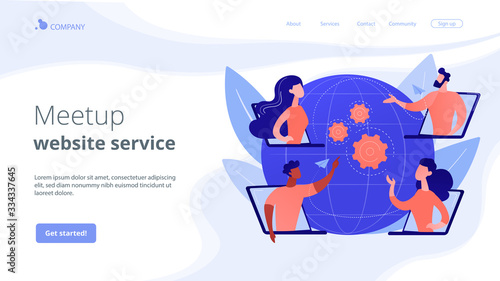 Colleagues business meeting, company internet webcast. Online meetup, join meetup group, meetup website service, best communication here concept. Website homepage landing web page template.