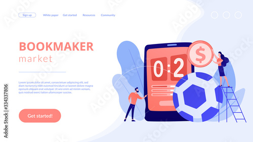 Tiny people, businessman betting on football and bookmaker at big smartphone with score. Sports betting, bookmaker market, sports wagering concept. Website vibrant violet landing web page template.