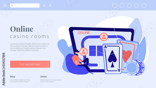 Businessman with smartphone playing poker online and casino table with cards and chips. Online poker, internet gambling, online casino rooms concept. Website vibrant violet landing web page template.