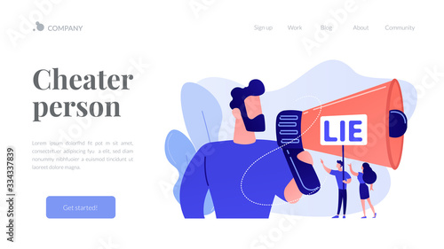 Businessman with huge megaphone cheating and tiny people holding word lie. Cheating in competition, cheater person, game cheats use concept. Website vibrant violet landing web page template.