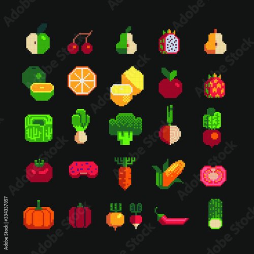 Fruits and vegetables pixel art icons set isolated vector illustration. Design for stickers, logo, mobile app. Game assets 80s 8-bit sprite sheet. 