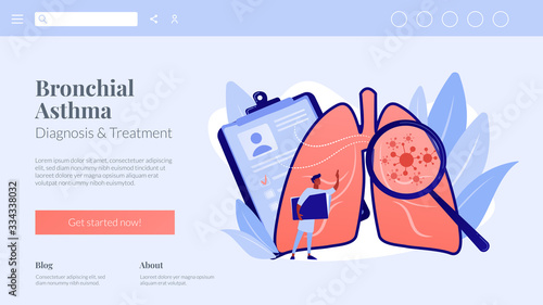 Huge magnifier showing cancer in the lungs and doctor with document folder. Lung cancer, trachea and bronchus concept on white background. Website vibrant violet landing web page template.