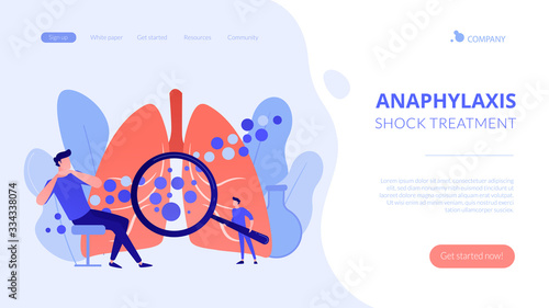 Male patient with anaphylactic symptoms and doctor with magnifier. Anaphylaxis, anaphylaxis shock treatment, allergic reaction help concept. Website vibrant violet landing web page template.