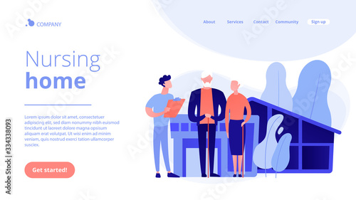Skilled nurse and elderly people getting around-the-clock nursing care. Nursing home, nursing residential care, physical therapy service concept. Website vibrant violet landing web page template.