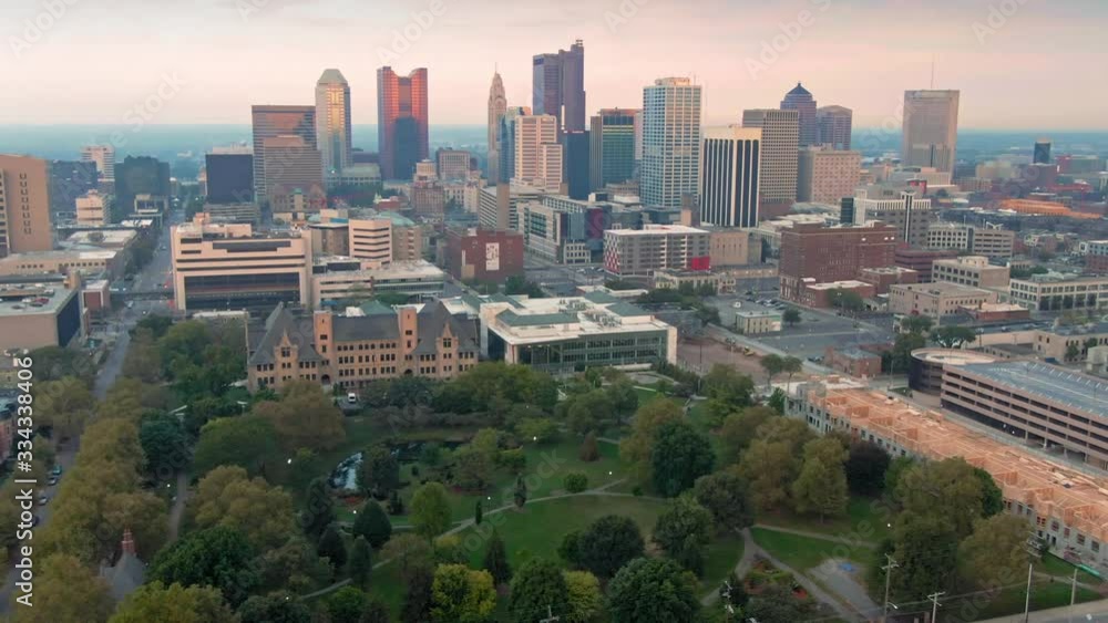 Aerial: flying over downtown Columbus and Topiary Park at sunrise. Columbus, Ohio, USA. 20 September 2019 Aerial: flying over downtown Columbus and Topiary Park at sunrise. Columbus, Ohio, USA. 20 September 2019