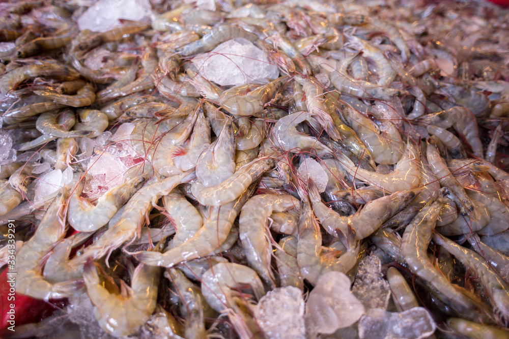 chilled fresh shrimp prawn at wet market with ice. chilled fresh shrimp prawn at wet market with ice.