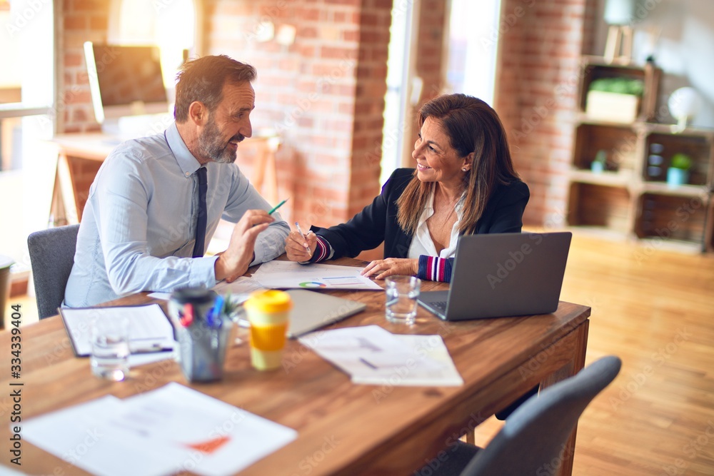 Two middle age business workers smiling happy and confident. Working together with smile on face using laptop at the office Two middle age business workers smiling happy and confident. Working together with smile on face using laptop at the office